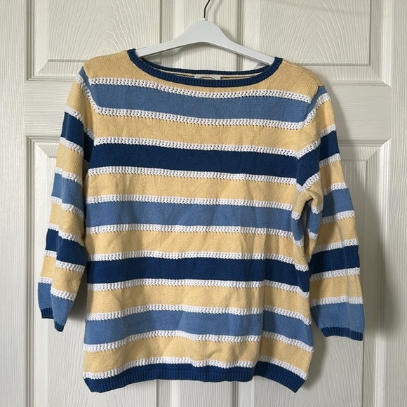 TALBOTS Women’s Blue and Yellow Striped 3/4 Sleeve Sweater Size XL - Picture 1 of 7